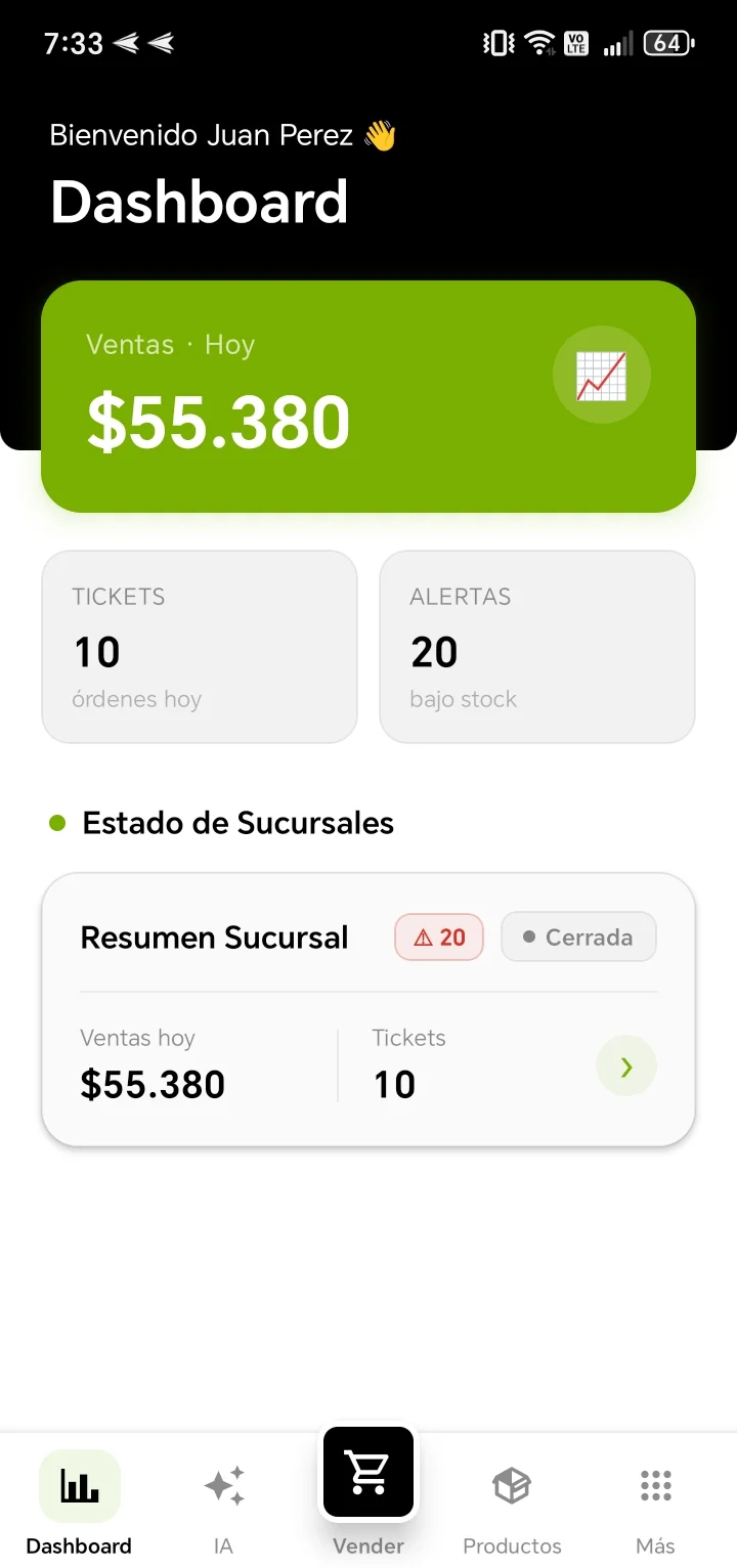 Dashboard de Kiosquito Mobile con ventas del día, tickets y alertas